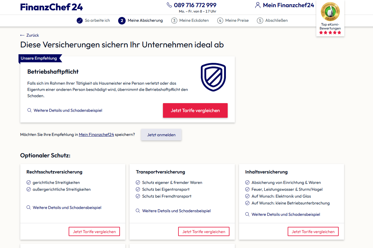 Screenshot des Vergleichsrechners von Finanzchef24 mit der Anzeige verschiedener Versicherungsoptionen.