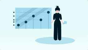 Eine Grafik einer Frau in Geschäftskleidung, die neben einem großen Diagramm mit Datenpunkten steht und ein Dokument in der Hand hält.