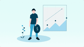 Ein Mann steht mit einem Geldbeutel neben einer Wachstumskurve, die auf hellblauem Hintergrund einen Aufwärtstrend zeigt.