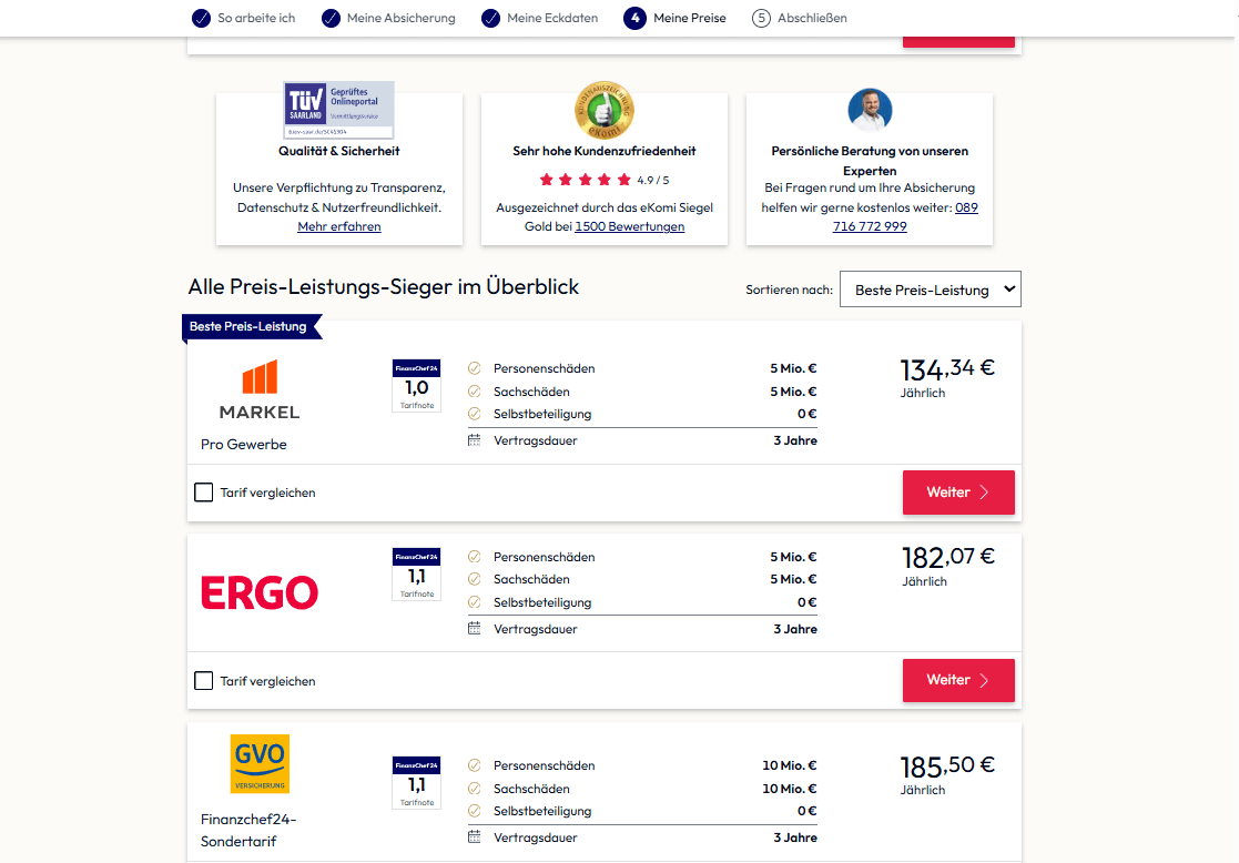 Screenshot des Vergleichsrechners von Finanzchef24, auf der verschiedene Angebote für Gewerbehaftpflichtversicherungen mit sichtbaren Preisdetails und Einstufung angezeigt werden.