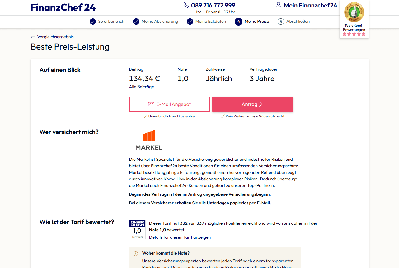 Screenshot des Vergleichsrechners von Finanzchef24, auf dem verschiedene Deckungsdetails und Preise angezeigt werden.