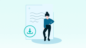 Eine Grafik einer Frau mit Dutt, die neben einem großen Dokumentsymbol mit einem Download-Symbol steht.