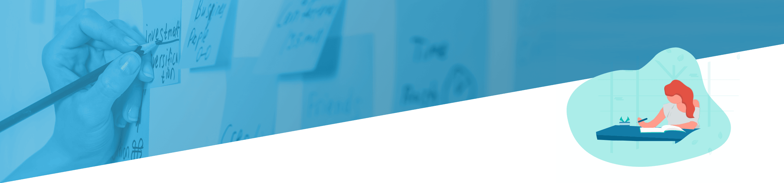 Ein zweigeteiltes, blau getöntes Bild: links eine Nahaufnahme von Händen, die auf eine weiße Tafel schreiben; rechts eine Frau im Schneidersitz, die im Innenbereich meditiert.