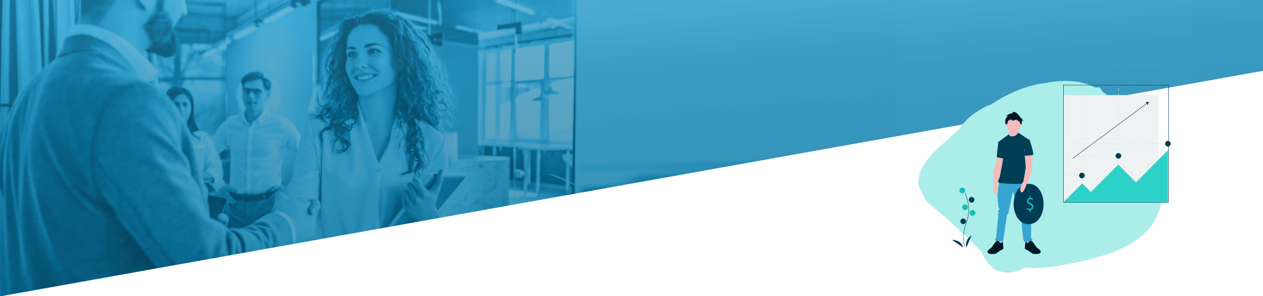 Geteiltes Bild: Die linke Seite zeigt Berufstätige, die sich in einem Büro unterhalten; die rechte Seite zeigt eine Person, die Diagramme auf einem digitalen Gerät analysiert.