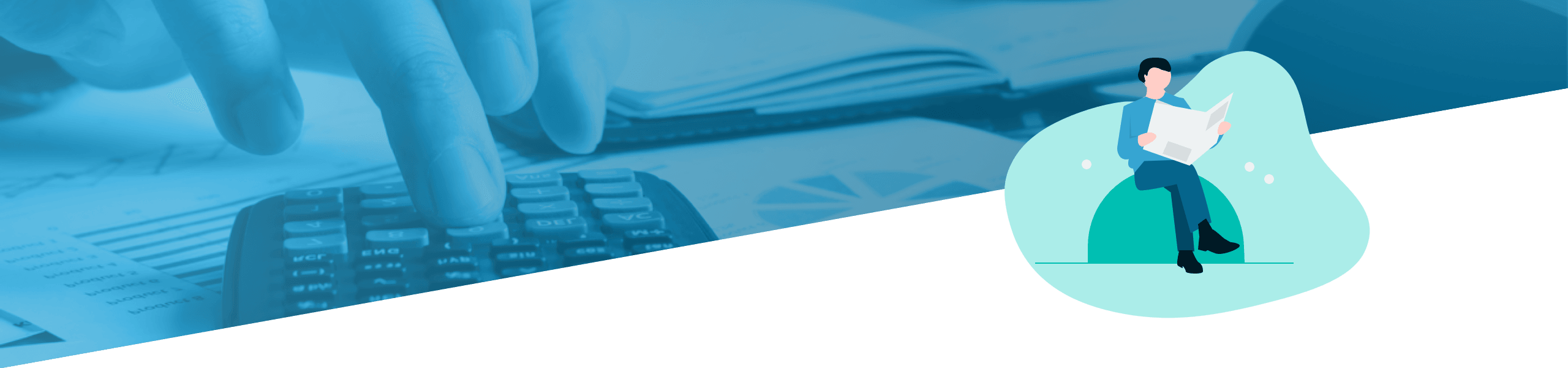 Eine Grafik zeigt eine Person, die neben einem großen Taschenrechner ein Buch liest und eine Finanzanalyse oder Buchhaltung darstellt.