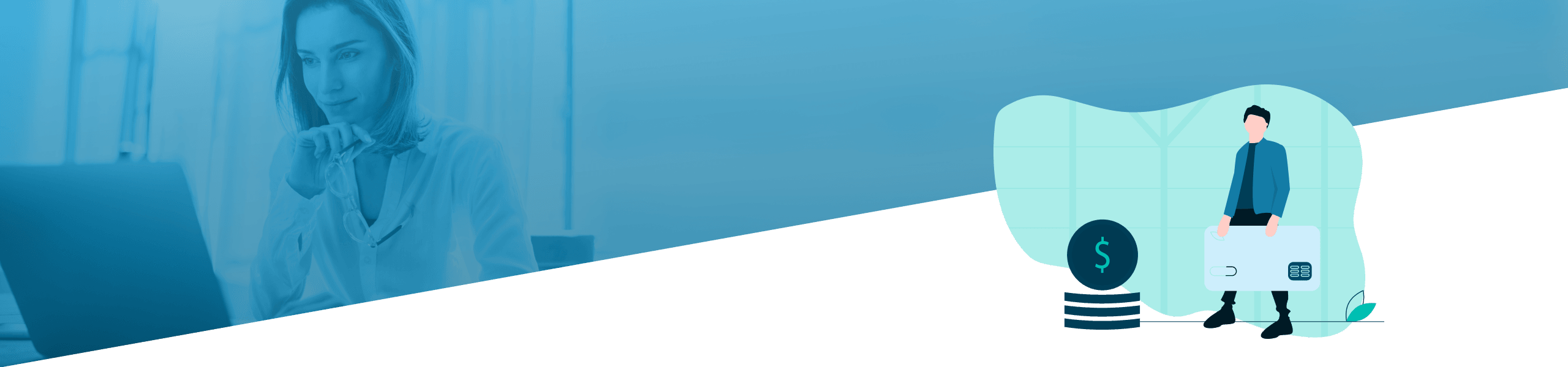 Bild aus zwei Teilen: Die linke Seite zeigt eine Frau in einem Büro, die rechte Seite illustriert einen Mann mit einer Münze und Kreditkartensymbolen, beide vor einem blauen Hintergrund.