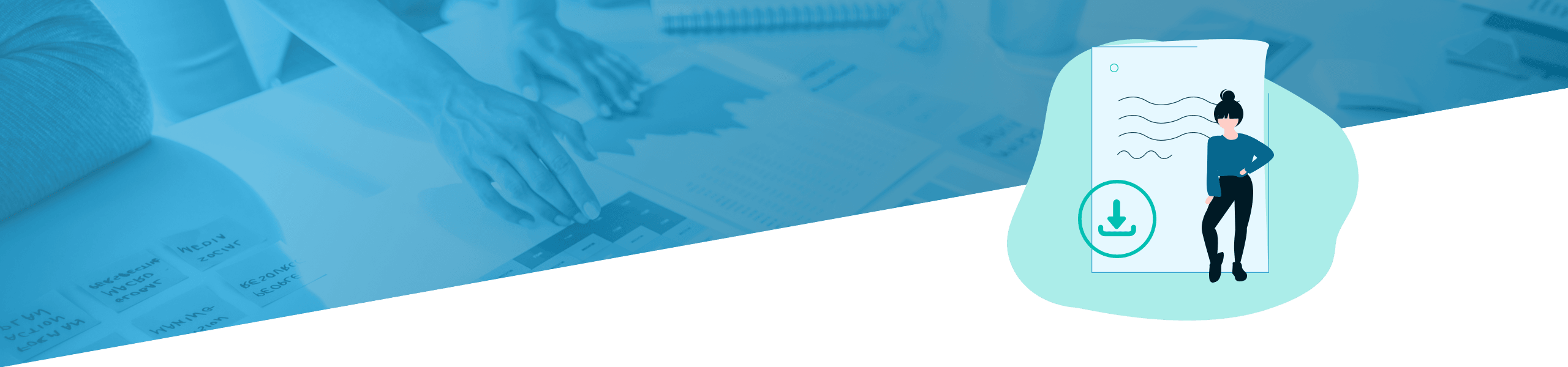 Abbildung einer Person, die eine Smartphone-App zum Scannen von Dokumenten verwendet, vor dem Hintergrund zweier Personen, die an einem Schreibtisch Daten analysieren.