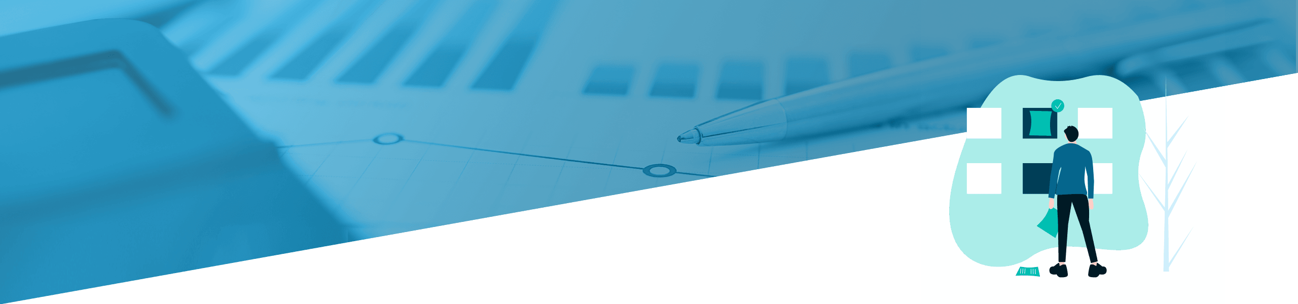 Grafische Aufteilung zwischen Finanzanalyse mit Diagrammen und einem stilisierten Geschäftsmann, der neben übergroßen Infografik-Elementen steht.