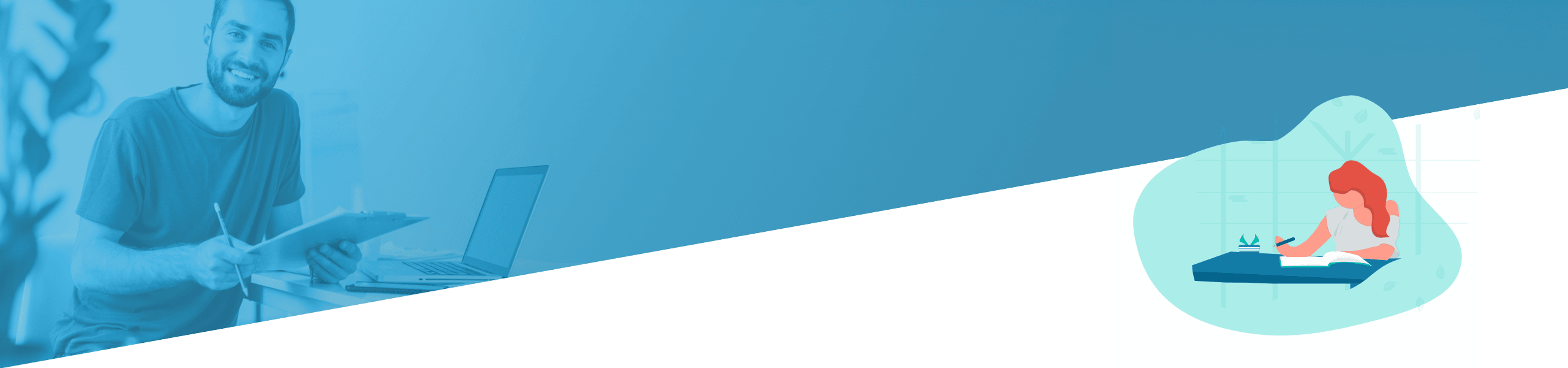 Das geteilte Bild zeigt links einen lächelnden Mann mit einem Laptop in einer Geschäftsumgebung und rechts eine Frau, die zu Hause meditiert, beide in Blautönen dargestellt.