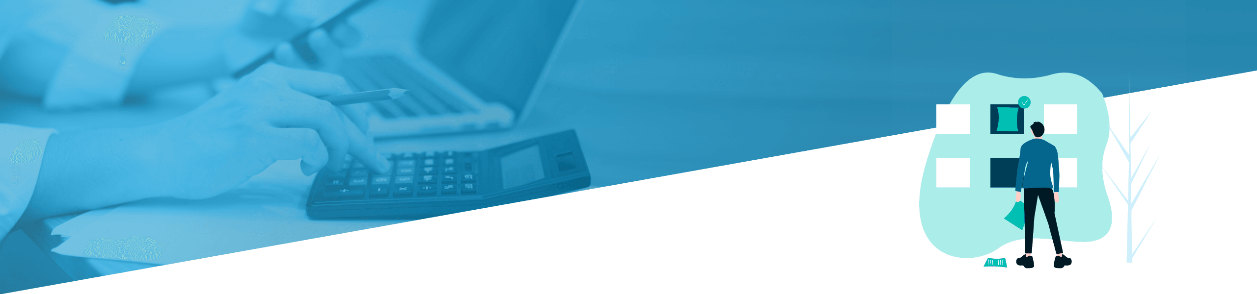 Ein geteiltes Bild, das links in Blautönen eine Person zeigt, die einen Taschenrechner benutzt, und rechts in Blau- und Weißtönen eine Illustration einer Person mit einem Puzzle.