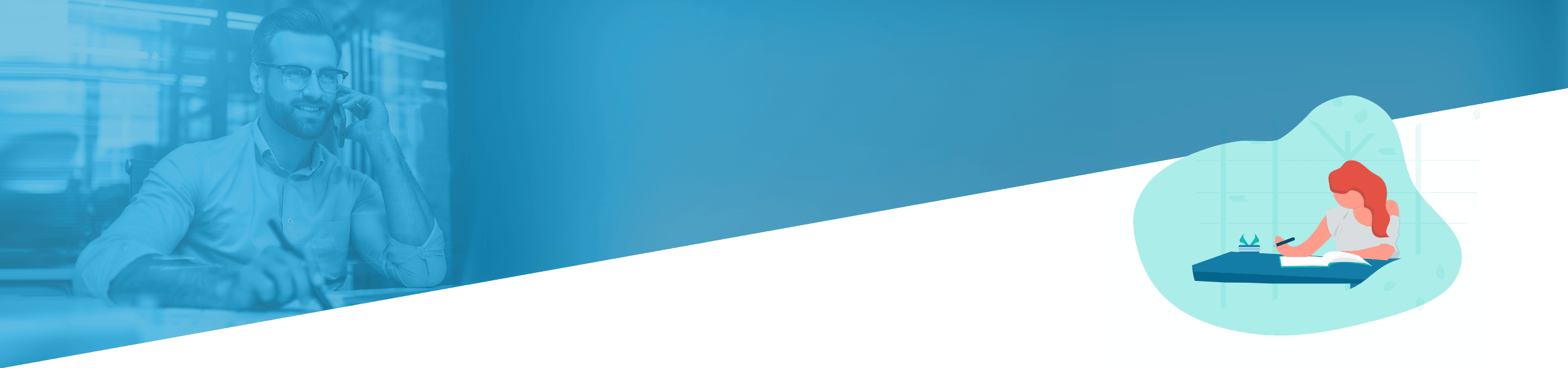 Geteiltes Bild eines bärtigen Mannes in einem Büro (links) und einer Frau, die rechts an einem Fenster Yoga praktiziert, beide vor einem blauen Hintergrund.