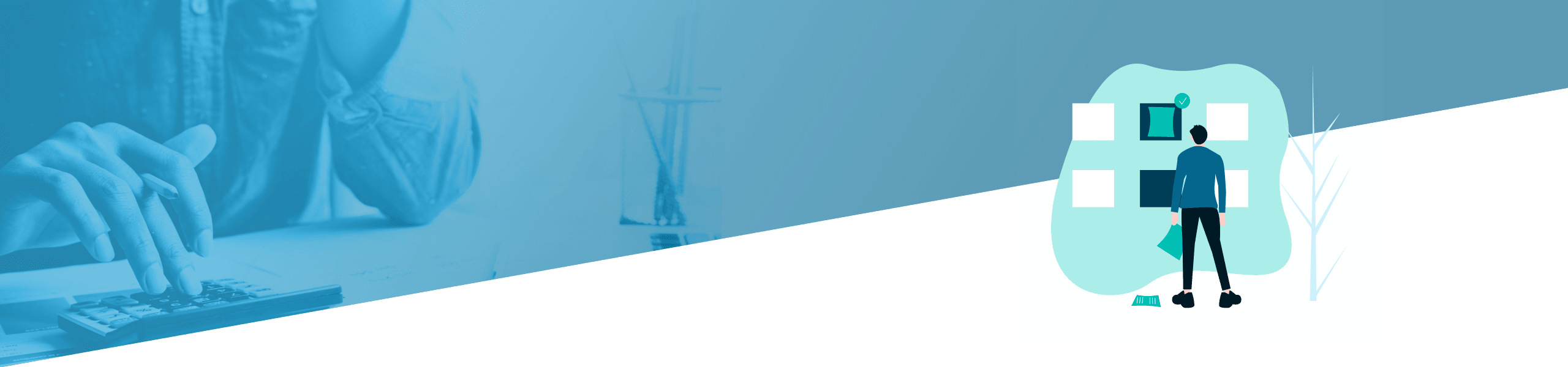 Das geteilte Bild zeigt links eine ältere Person, die einen Taschenrechner benutzt, und rechts einen jungen Berufstätigen, der Diagramme auf einem großen „5“-Symbol betrachtet, was die generationsübergreifende Finanzplanung symbolisiert.