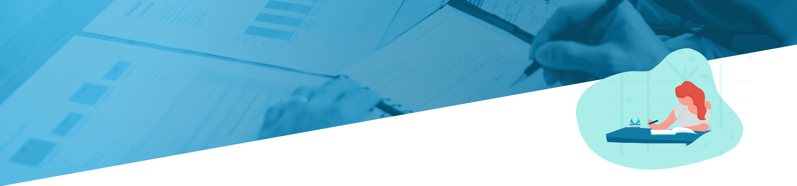 Ein geteiltes Bild, das links eine Hand zeigt, die mit einem Stift auf Finanzdokumente schreibt, und rechts eine Illustration einer Frau, die zu Hause Yoga praktiziert, beide in Blautönen.