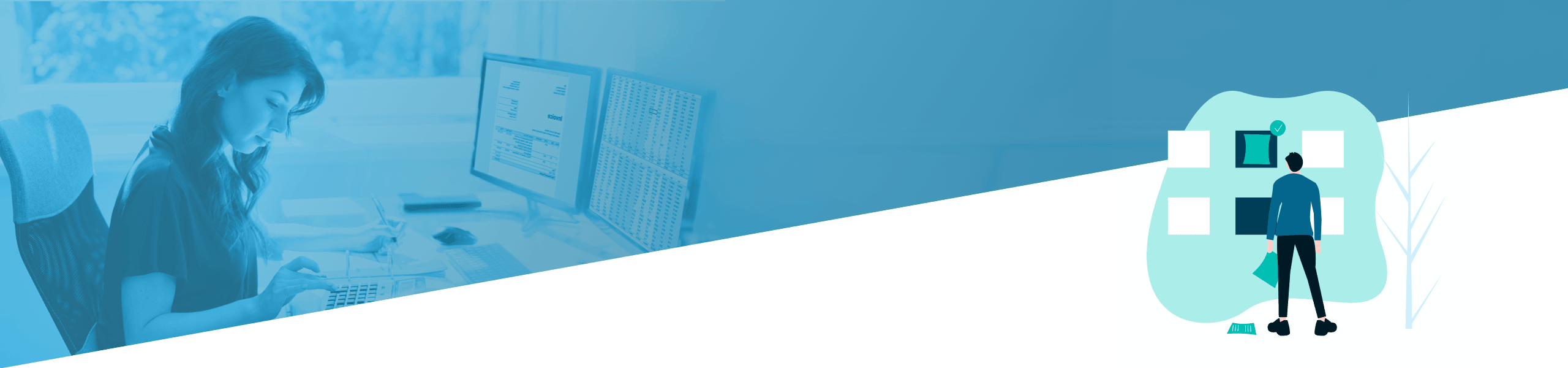 Eine geteilte Grafik mit einer Frau links, die an mehreren Computerbildschirmen arbeitet, und einem Mann rechts, der Daten analysiert, beide vor einem blauen Hintergrund.