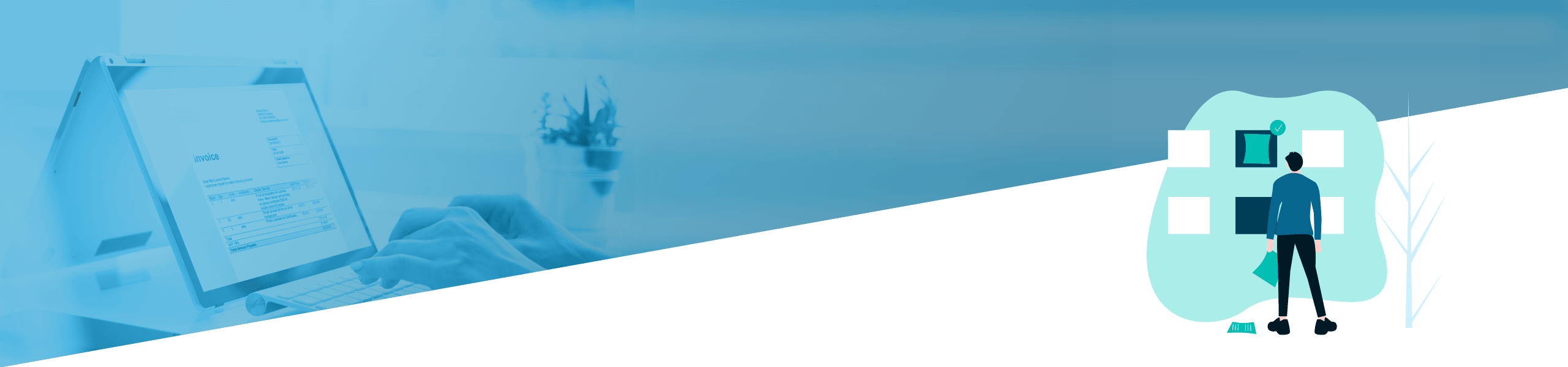 Geteiltes Bild: Auf der linken Seite sind Hände zu sehen, die auf einem Laptop mit Code auf dem Bildschirm tippen, auf der rechten Seite ist eine stilisierte Figur zu sehen, die abstrakte Strukturen untersucht.