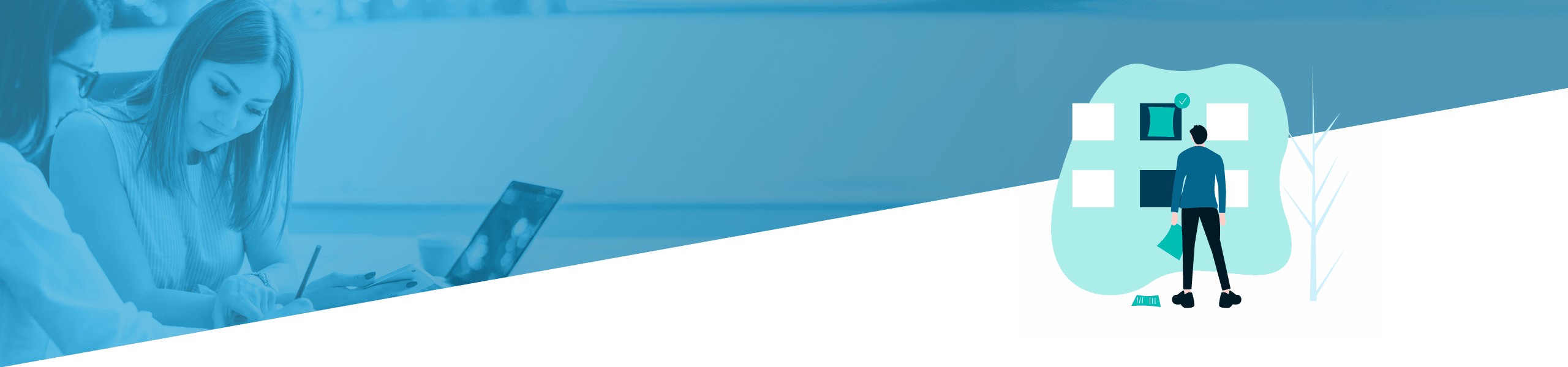 Illustration einer Frau, die an ihrem Tablet lernt, und eines Mannes, der vor einem blauen Hintergrund mit Farbverlauf neben einem großen Zahnsymbol steht, das die Zahnpflege symbolisiert.