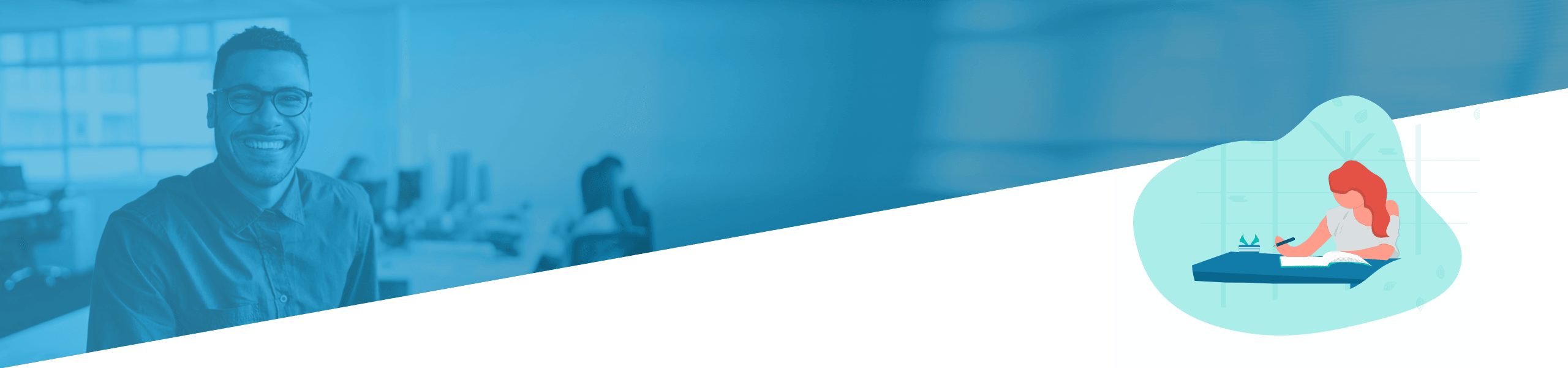 Ein geteiltes Bild, das links einen lächelnden schwarzen Mann in einem Büro und rechts eine Grafik einer Frau zeigt, die in einem ruhigen Raum einen Laptop benutzt.