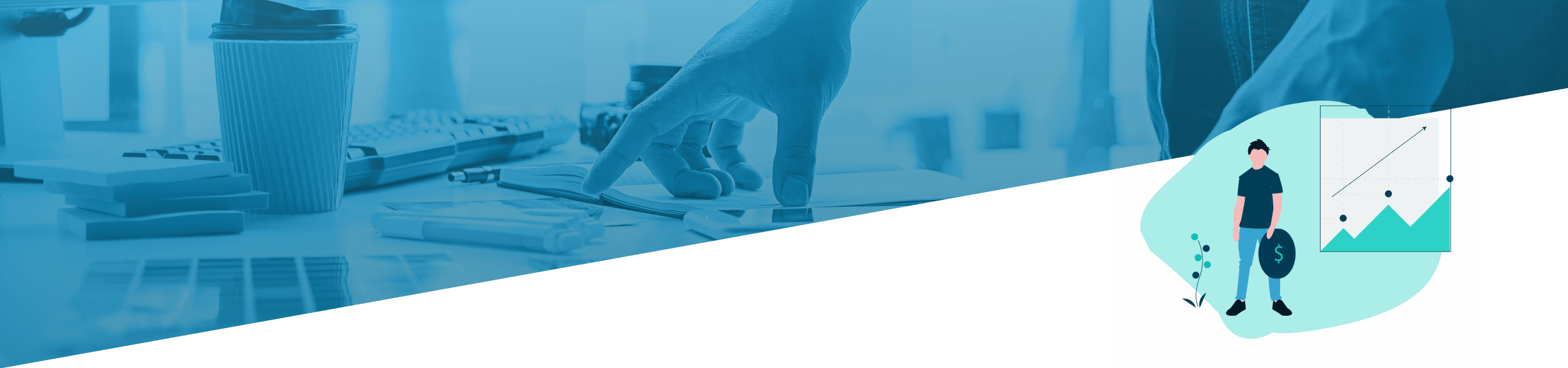 Eine Collage aus zwei Bildern: links die Hände einer Person, die Papiere auf einem unordentlichen Schreibtisch sortiert; rechts die Abbildung einer Person neben einer Tabelle, alles in Blautönen.