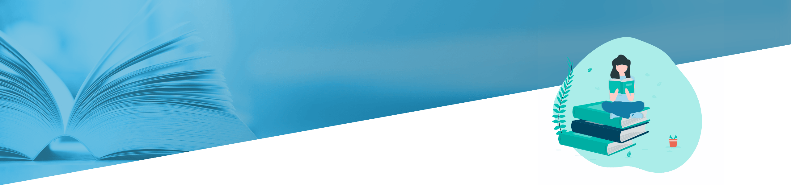 Geteiltes Bild mit einem offenen Buch mit fächerartig aufgefächerten Seiten auf der linken Seite und einer Grafik einer Frau, die auf einem Stapel Bücher in einer Glühbirne sitzt, auf der rechten Seite.