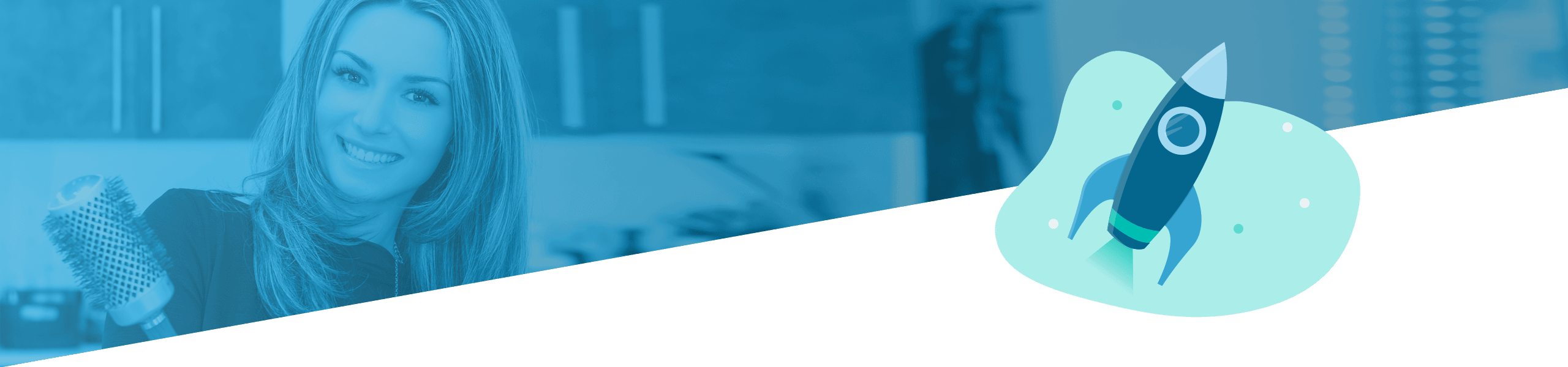 Das geteilte Bild zeigt links eine lächelnde Frau in Freizeitkleidung und rechts eine stilisierte Grafik eines Raketenstarts vor einem blauen Hintergrund.