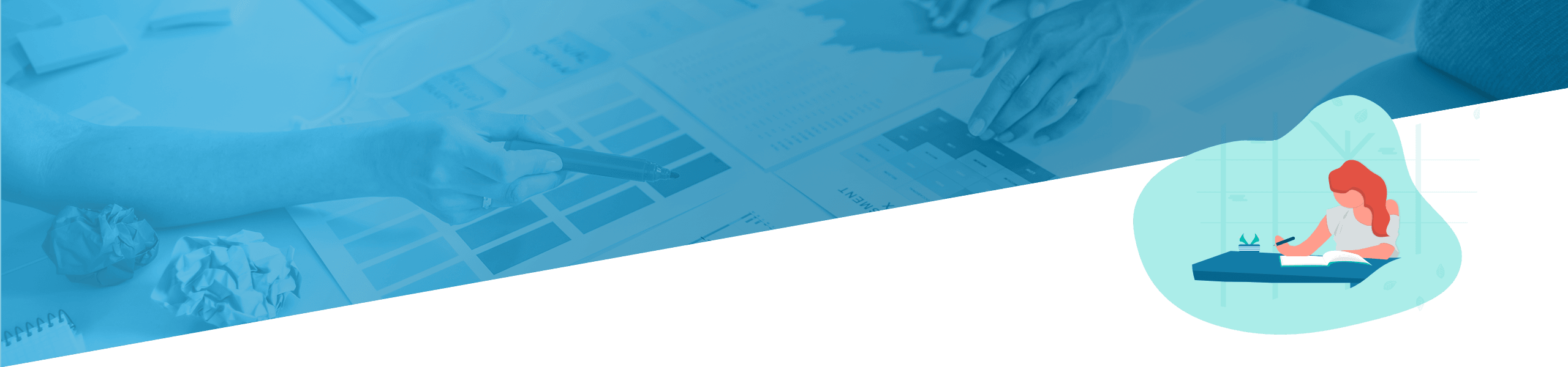 Zweiteiliges Bild: Die linke Seite zeigt Hände, die in einer Geschäftsumgebung mit Papieren und einem Laptop arbeiten; die rechte Seite zeigt die Grafik einer Frau, die zu Hause Yoga praktiziert.