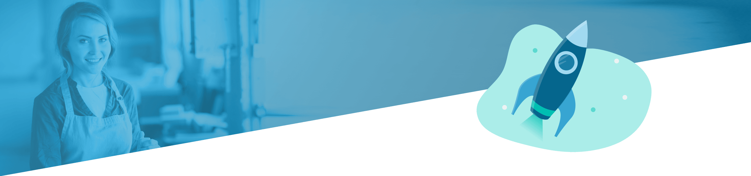 Geteiltes Bild mit einer lächelnden Frau in einer Schürze auf der linken Seite und einer stilisierten Vektorgrafik einer startenden Rakete auf der rechten Seite.