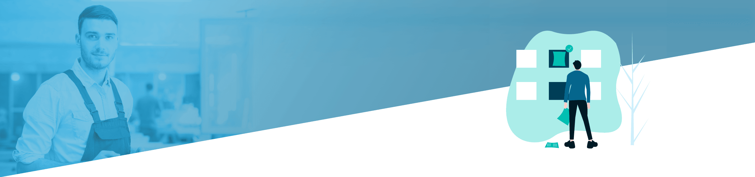 Ein geteiltes Bild mit einem echten männlichen Zahnarzt auf der linken Seite und einer stilisierten Grafik eines Zahnarztes bei der Arbeit auf der rechten Seite, beide vor einem blauen Hintergrund.