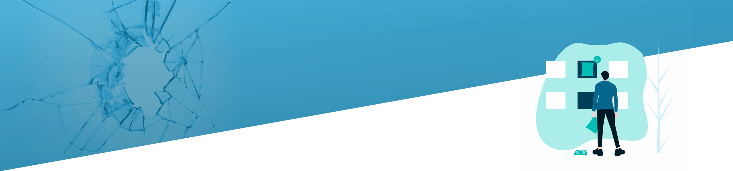 Eine diagonal geteilte digitale Grafik; die linke Seite zeigt ein zerbrochenes Glasmuster auf dunklem Hintergrund, die rechte Seite zeigt einen Mann, der auf hellblauem Hintergrund ein Flussdiagramm analysiert.