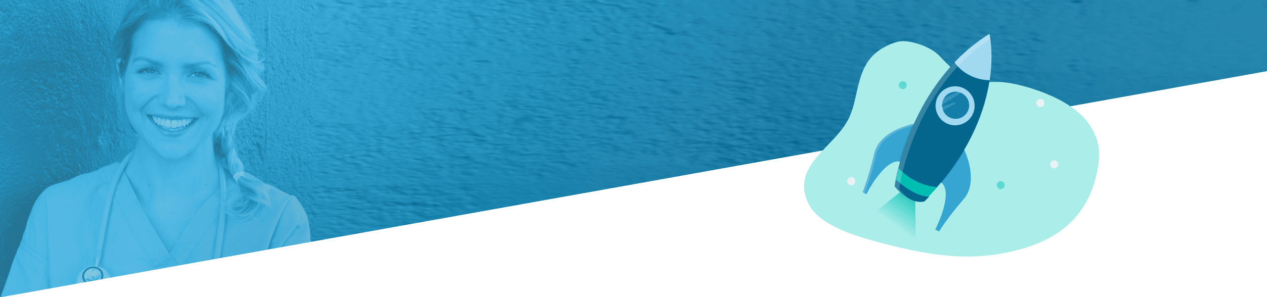 Eine lächelnde Ärztin auf der linken Seite und ein stilisiertes Bild einer startenden Rakete auf der rechten Seite, beide auf einem geteilten blauen Hintergrund.