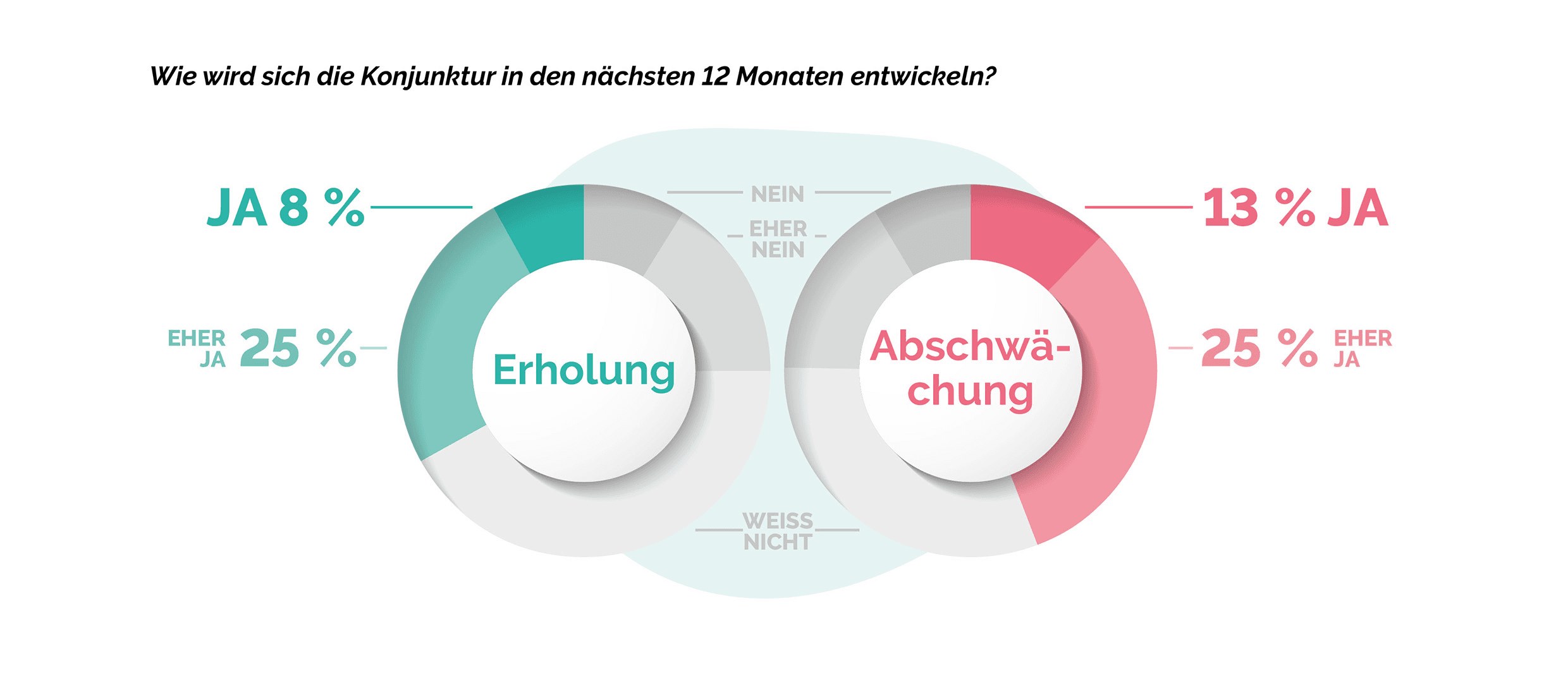 Infografik mit Meinungen zur wirtschaftlichen Erholung im Vergleich zum Rückgang über 12 Monate: 33 % prognostizieren eine Erholung, 38 % sehen einen Rückgang voraus, 29 % sind sich nicht sicher. Text auf Deutsch.
