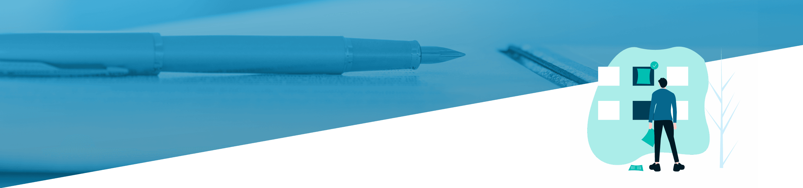 Geteiltes Bild mit einer Nahaufnahme eines blauen Stifts auf der linken Seite und einer Illustration eines Mannes neben Balkendiagrammen auf der rechten Seite.