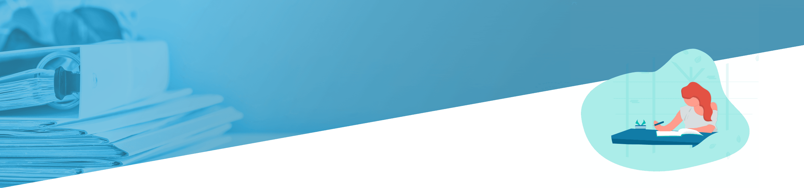 Die Illustration ist aufgeteilt zwischen einem Stapel Papierakten auf der linken Seite und einer Frau, die in einem ruhigen Raum Yoga praktiziert, auf der rechten Seite.