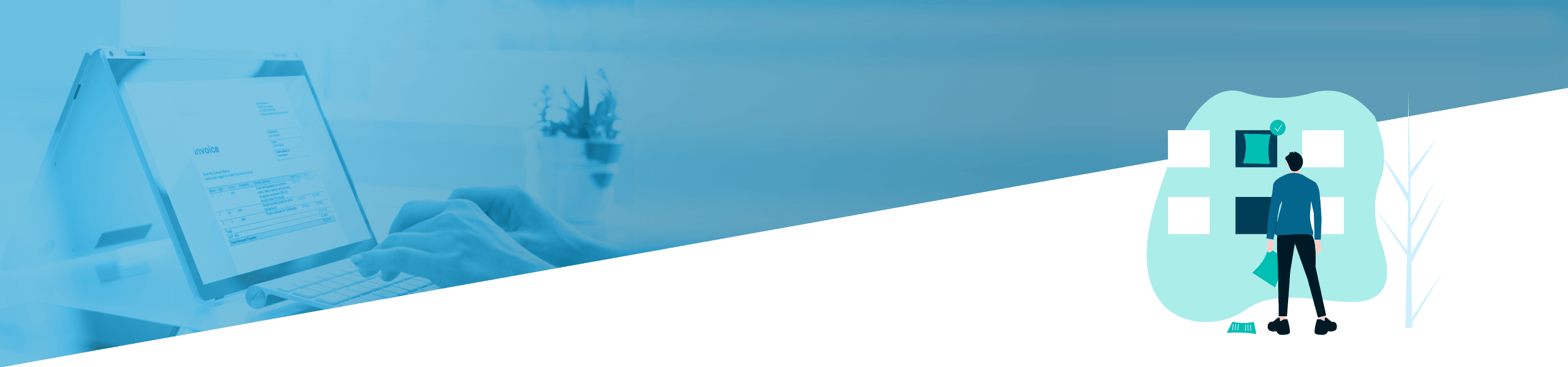 Das geteilte Bild zeigt links eine Person, die in einem blau getönten Büro an einem Laptop arbeitet, und rechts die Grafik eines Mannes mit Diagrammen.