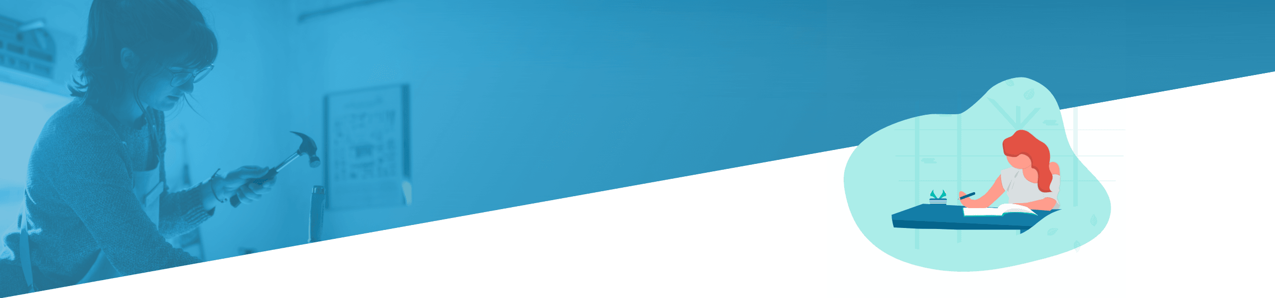 Links eine Professorin, die in einem Klassenzimmer eine Vorlesung hält; rechts Abbildung einer Frau, die einen Laptop benutzt, beide vor einem blauen Hintergrund.