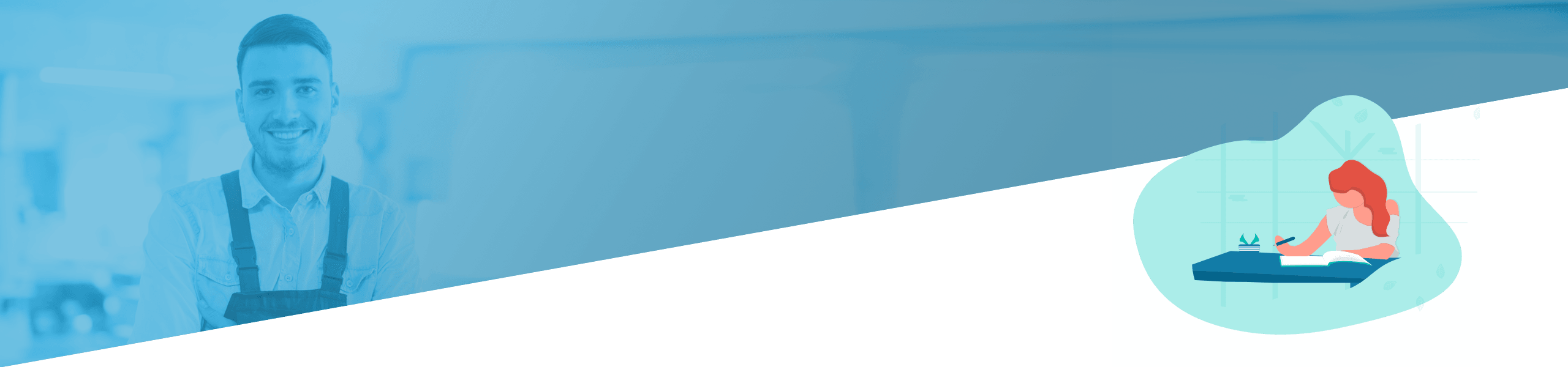 Geteiltes Bild mit einem lächelnden Mann in einer Werkstatt links und einer Frau, die zu Hause Yoga praktiziert, rechts, beide in Blautönen.