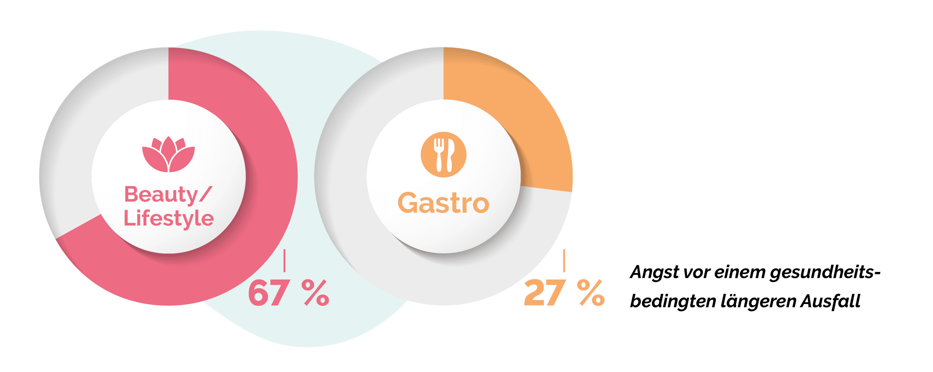 Infografik mit zwei überlappenden Kreisen in Rosa und Grau mit den Beschriftungen „Schönheit/Lebensstil“ bei 67 % und „Gastro“ bei 27 %, was auf Bedenken hinsichtlich gesundheitlicher Probleme hinweist.