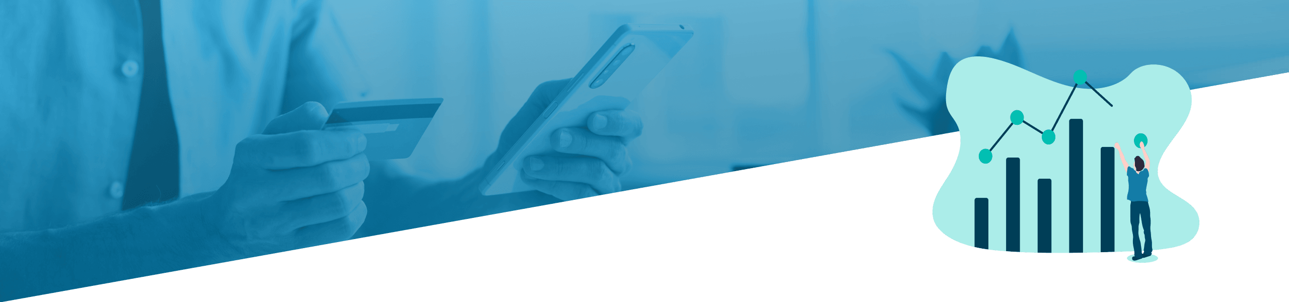 Eine Person im Business-Anzug hält ein Smartphone und eine Kreditkarte in der Hand, daneben ist eine Grafik eines Zahns mit einer Diagrammüberlagerung zu sehen.