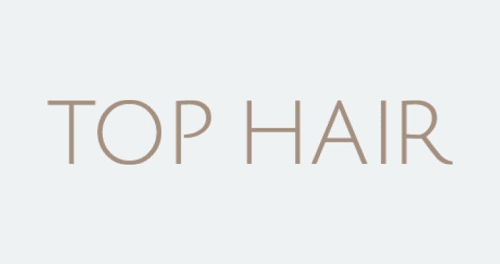 Hellgrauer Text mit der Aufschrift „Top Hair“ auf weißem Hintergrund.