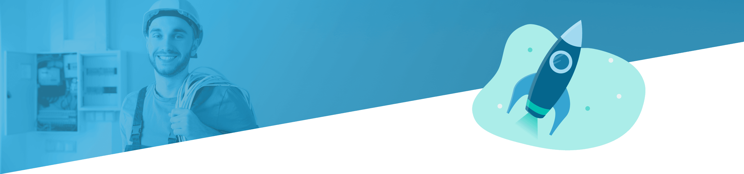 Geteilte Grafik mit einem lächelnden Lieferboten links und einer abgebildeten Rakete rechts vor blauem Hintergrund.