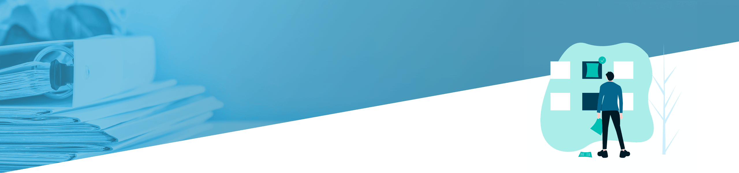 Die Grafik ist aufgeteilt in ein Bild gestapelter Akten und eine digitale Illustration einer Person mit Dokumenten, die traditionelles und digitales Datenmanagement symbolisiert.