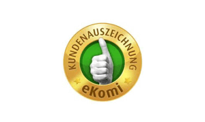 Logo mit einem Daumen-hoch-Symbol in einem grün-goldenen Kreis mit den Worten „Kundenauszeichnung ekomi“.