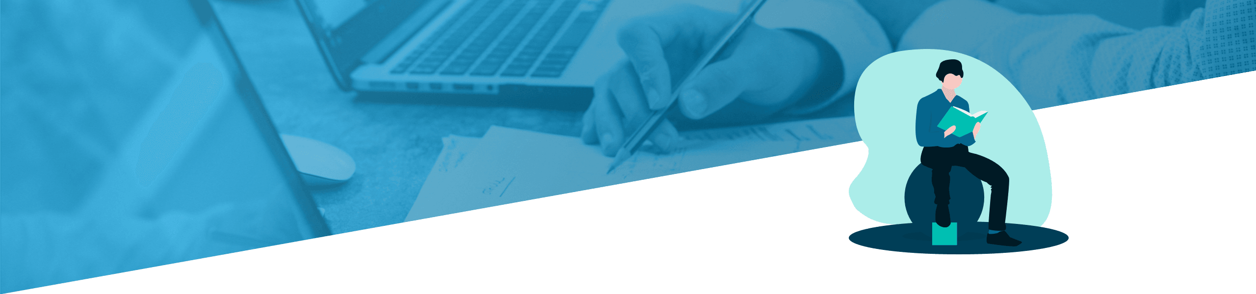 Eine grafische Illustration, aufgeteilt zwischen einer Büroszene mit einer Person, die auf einem Laptop tippt, und einem symbolischen Bild einer Person, die auf einem Stuhl sitzt und ein Buch liest, beide in einem Blauton dargestellt.