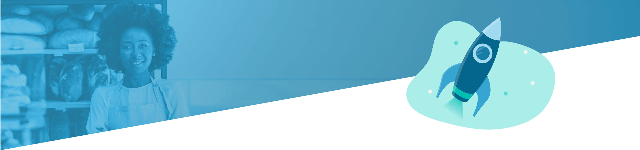 Geteilte Grafik mit einer lächelnden Frau in einer Bäckerei auf der linken Seite und einer Illustration einer Rakete im Weltraum auf der rechten Seite, alles unter einer blauen Überlagerung.