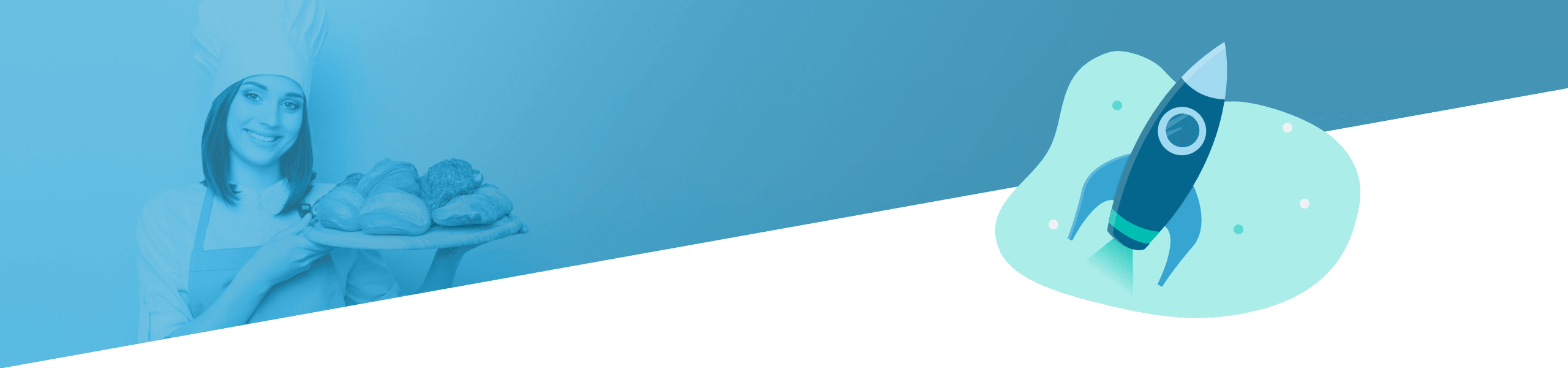 Ein lächelnder Bäcker hält ein Tablett mit Brot neben der Grafik eines Raketenstarts.