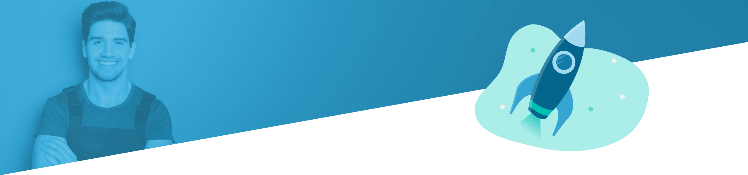 Geteiltes Bild mit einem lächelnden Mann auf der linken Seite und einer Illustration eines Raketenstarts auf der rechten Seite vor einem blauen Hintergrund.
