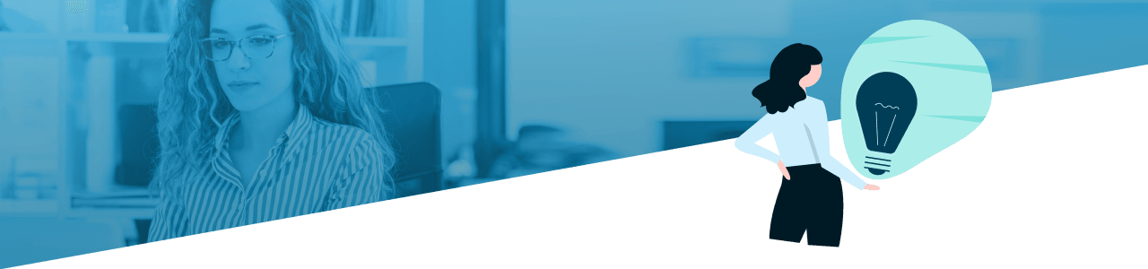 Abbildung zweier berufstätiger Frauen: eine mit Brille in einer Büroumgebung (links) und eine andere (rechts), die eine große Glühbirne untersucht, die die Ideenfindung symbolisiert.