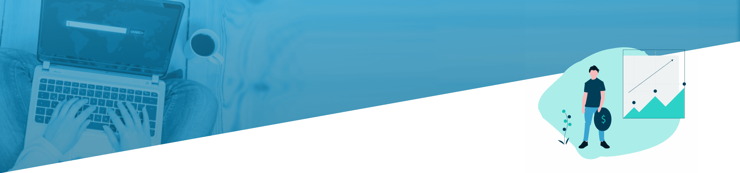 Geteiltes Bild, das eine Person zeigt, die an einem Laptop arbeitet, und eine andere Person, die Daten in einem Diagramm analysiert, beide vor einem blauen Hintergrund.