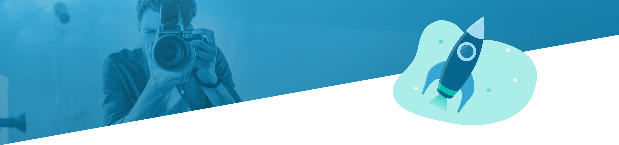 Geteiltes Bild; die linke Seite zeigt einen Mann, der mit einer Kamera ein Foto macht, die rechte Seite zeigt eine illustrierte Rakete im Weltraum.