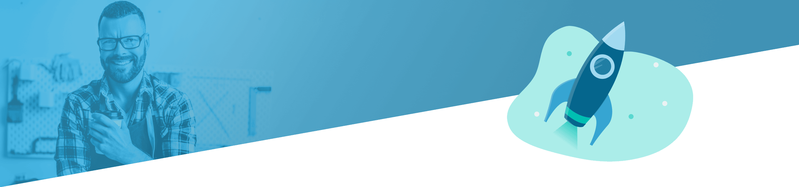 Geteiltes Bild, das links einen lächelnden bärtigen Mann mit Brille und rechts die Grafik eines Raketenschiffs zeigt, beide vor einem blauen Hintergrund.