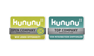 Zwei Badges von „kununu“ mit den Auszeichnungen „Open Company“ und „Top Company“, mit URLs und Text auf Deutsch.